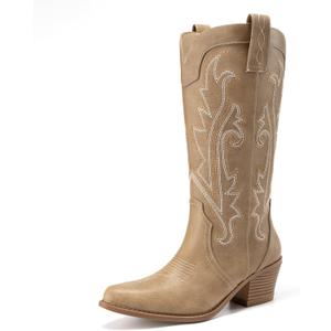 Athlefit Women's Embroidered Western Cowboy Boots Fashion Pointed Toe Chunky Heel Mid Calf Cowgirl Boots