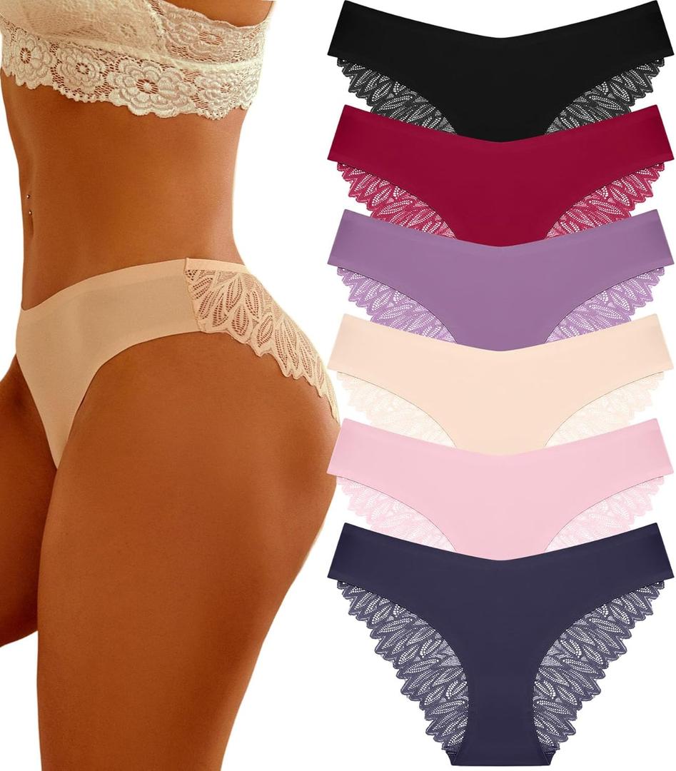 FINETOO 6 Pack Sexy Underwear for Women Silky Seamless No Show Panties Ladies Lace Bikini Lightweight Cheeky Hipster (Small, Black&purple&pink&dark Blue&red&apricot)