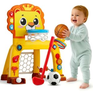 4-in-1 Toddler Basketball Hoop & Soccer Goal and Golf Toys, Interactive Lion Musical Sports Toys with Light for 1 2 3 Year Old Boys Girls, Baby Toy for 12-18 Months, Christmas Birthday Toy Gifts