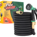 Flexi Hose with 8 Function Nozzle, 75FT - Lightweight Expandable Garden Hose, No-Kink Flexibility, 3/4 Inch Solid Brass Fittings and Double Latex Core - Black and Green