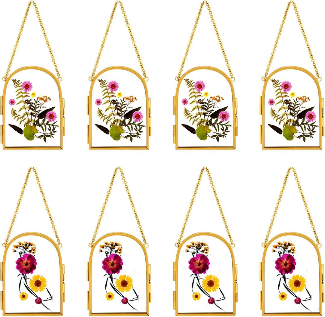 Qunclay 8 Pcs Glass Frame for Pressed Flowers 3.5 x 2.5 Inch Brass Hanging Photo Frame with Chain Arched Double Floating Picture Frames for Artwork Display DIY Dried Plant Specimen(Gold)