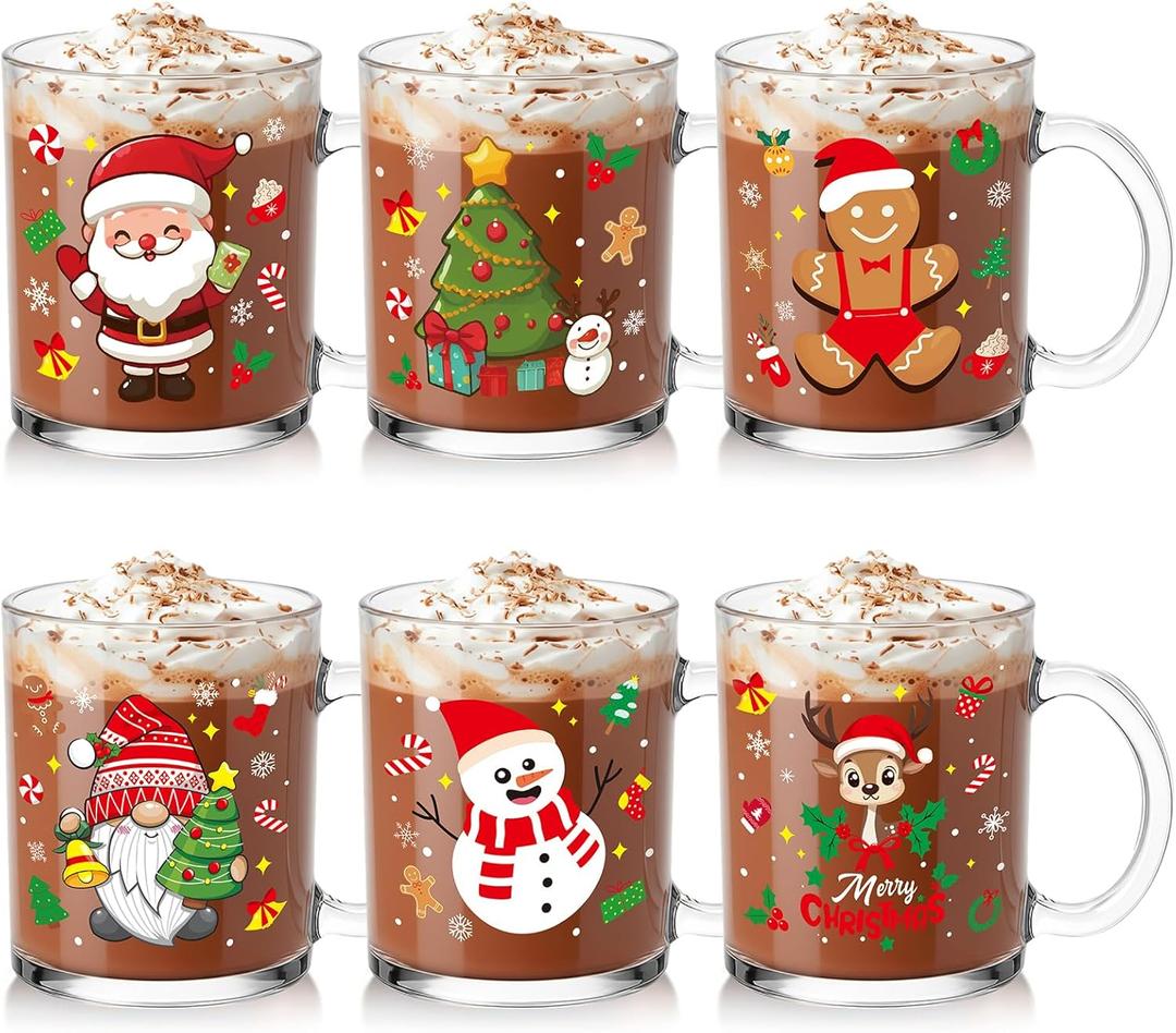 Baderke 6 Pcs Christmas Glass Mugs Set 12 oz Christmas Coffee Mugs with Handle Snowman Snowflake Coffee Cup Xmas Tree Santa Claus Cup for Hot Chocolate Women Men Gift (Xmas)