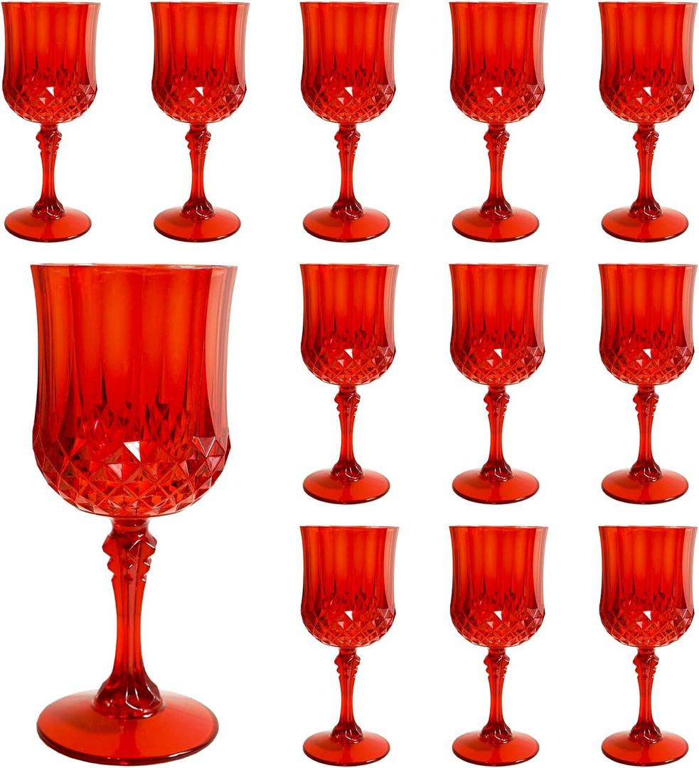 Plastic Wine Glasses, Plastic Goblets Vintage Style Cordial Drinking Glasses for Wedding Reception, Grand Event Party Supplies, Valentine's Day (12, Red)
