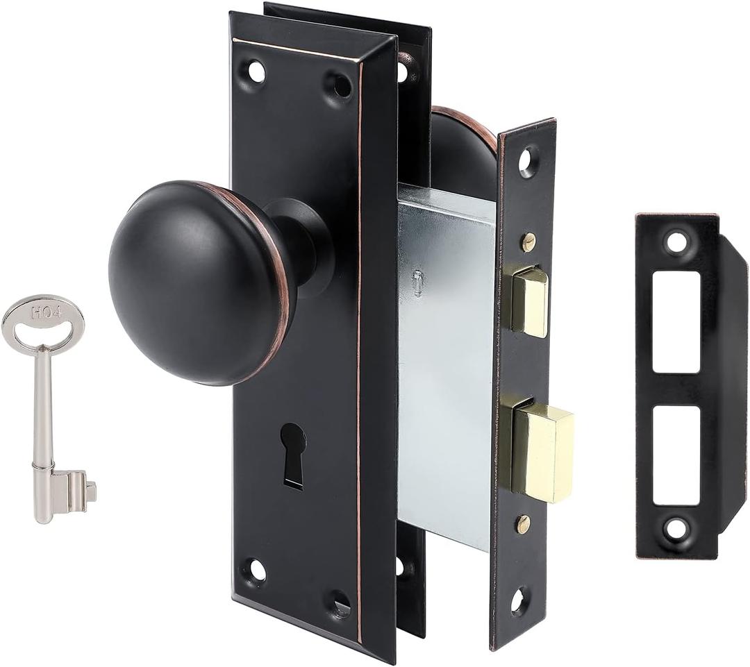 2 Pack Mortise Lock Set for Interior Door, Antique Door Knobs with Lock and Skeleton Key, Old Door Knob Replacement Fits 1-3/8 in 1-3/4 in, Oil Rubbed Bronze Finish (Mortise(2 Pack))