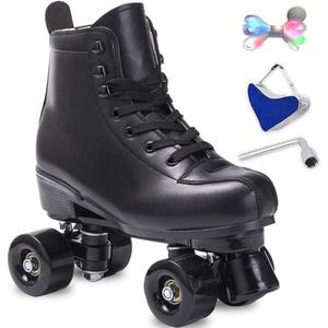 SCNUT Roller Skates Women Men High-Top PU Leather Roller Skates Classic Double-Row Roller Skates Outdoor Indoor Quad-Skates with Light up Shoe Laces (Black Wheel, 46-Women's 12 / Men's 11)