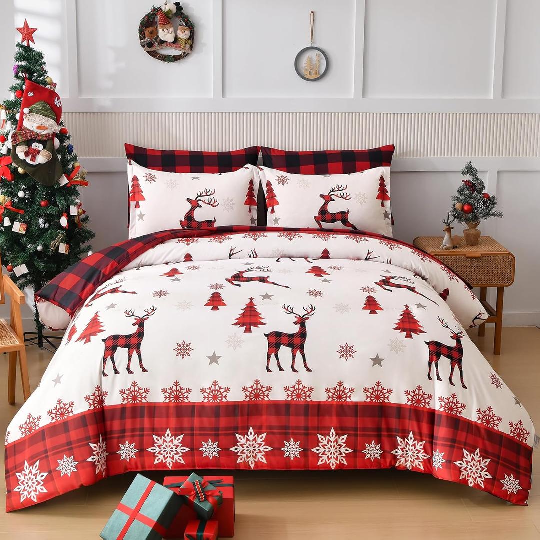 Christmas Comforter Set Queen Size 7 Pieces, Red Reindeer Snowflake Bed in A Bag, Reversible Red and Black Check Comforter with Sheet Set, Soft Polyester Bedding Set