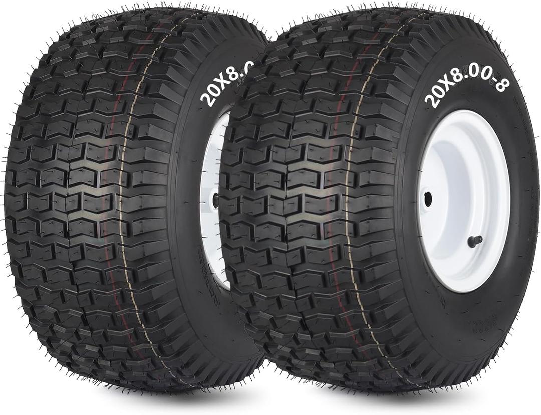 20x8.00-8 Lawn Mower Tire and Wheel, 4 Ply Tubeless Tire, 20x8-8nhs Riding Lawn Mower and Tractor Rear Tire and Wheel Assemblies, 3.5" Offset Hub, 3/4" Borehole, and 3/16" Keyway