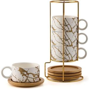 LUKA Porcelain Espresso Cup with Metal Stand, 6 Ounce Stackable Ceramic Demitasse Espresso Mugs Cappuccino Cups Set for Latte,Coffee,Cafe Mocha,Tea(Set of 4,White)