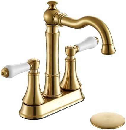 Roffenny Porcelain 2-Handle Brushed Gold Bathroom Faucet 4 inch Centerset with Plastic Pop-up Drain, Classical Gold Bathroom Vanity Sink Faucets for 3 Holes, High Arc 360° Swivel Brass Spout