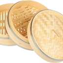 Juvale 2-Tier Steamer Pot Insert with Steel Rings - 10" x 6.5", Beige - Bamboo & Steel Stackable Basket for Rice & Dumpling Steamer for Vegetables