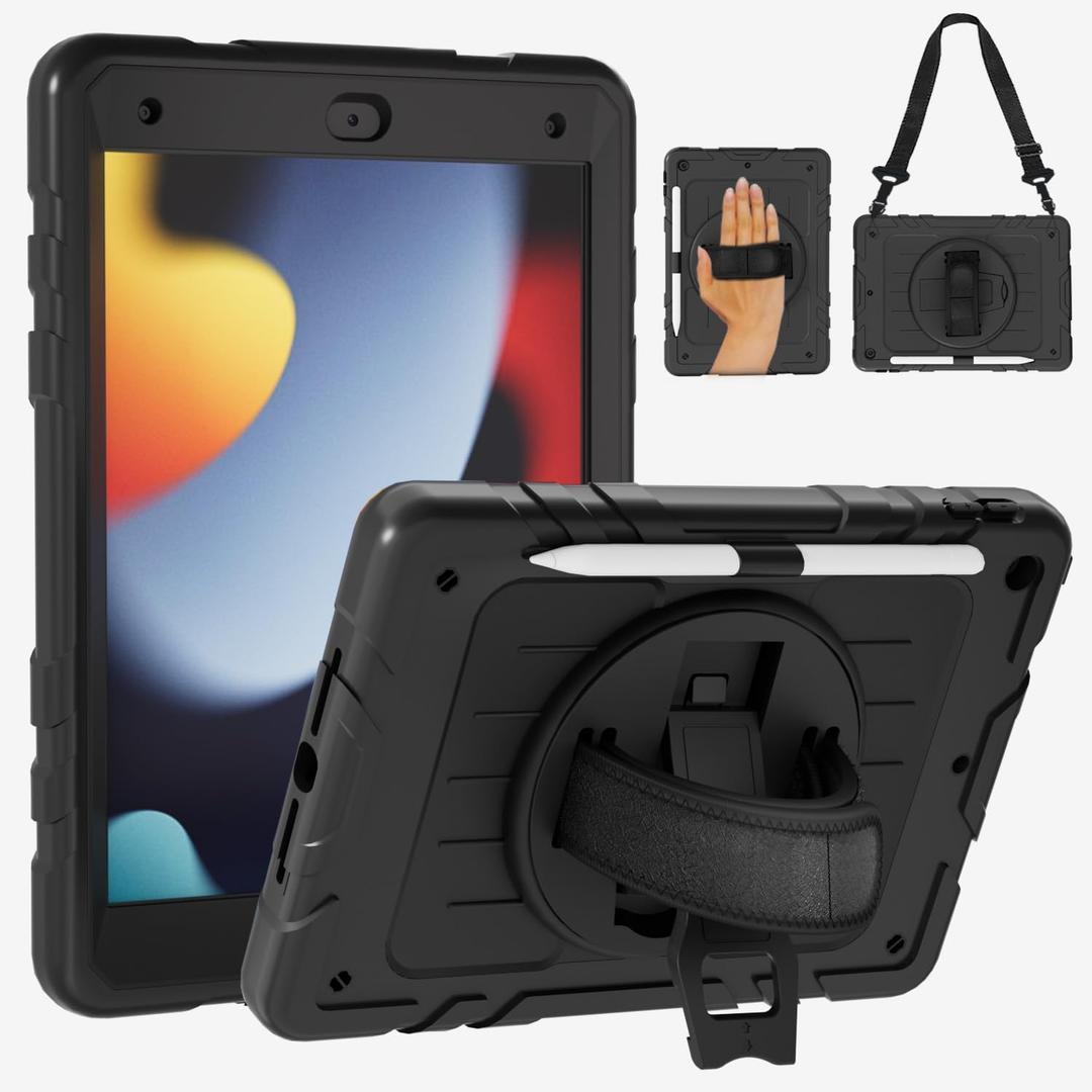 Case for iPad 9th/8th/7th Generation10.2, Shockproof 360 Rotating Stand Shoulder Hand Strap with Pencil Holder for iPad 10.2 inch 2021/2020/2019 Case (Black)