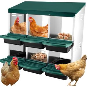 Chicken Nesting Box - 6 Hole Metal Roll Away Egg Laying Box for Hens, Heavy Duty Chicken Coop Nesting Box with Perch & Ventilation, Rust-Proof Poultry Nest (Green)
