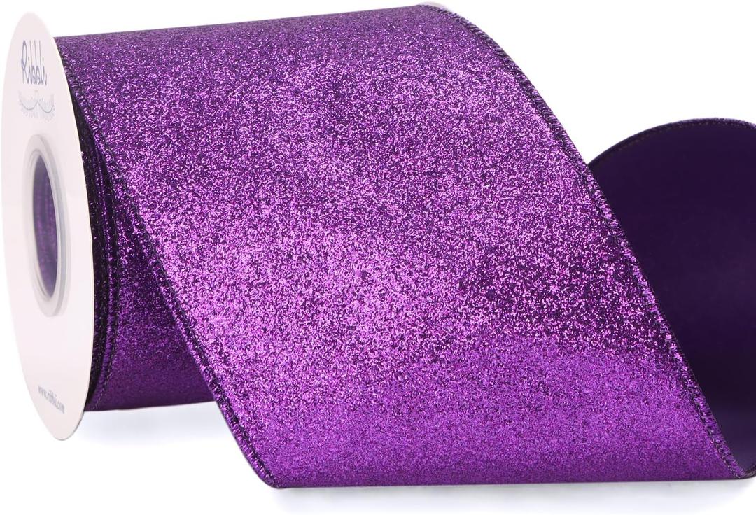 Ribbli Purple Glitter Wired Ribbon with Metallic Edge, Christmas Ribbon for Wreath, Tree Decoration, Home Decor, 4 Inch x 10 Yards
