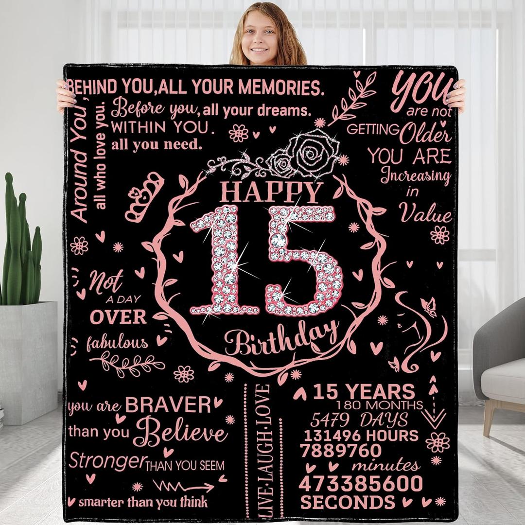 15th Birthday Blanket Gifts for Girls - Happy 15th Birthday Gift Ideas for Her - 15 Year Old Gifts for Daughter Sister Bestie - Personalized Flannel Fleece Soft Throw Blanket (60" x 50")