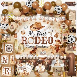 My First Rodeo Birthday Decorations, Wild West Western Cowboy Rodeo 1st Birthday Party Decor Supplies for Boy - Backdrop, High Chair Banner, Bandana, Tablecloth, Poster, Wall Signs, ONE Box