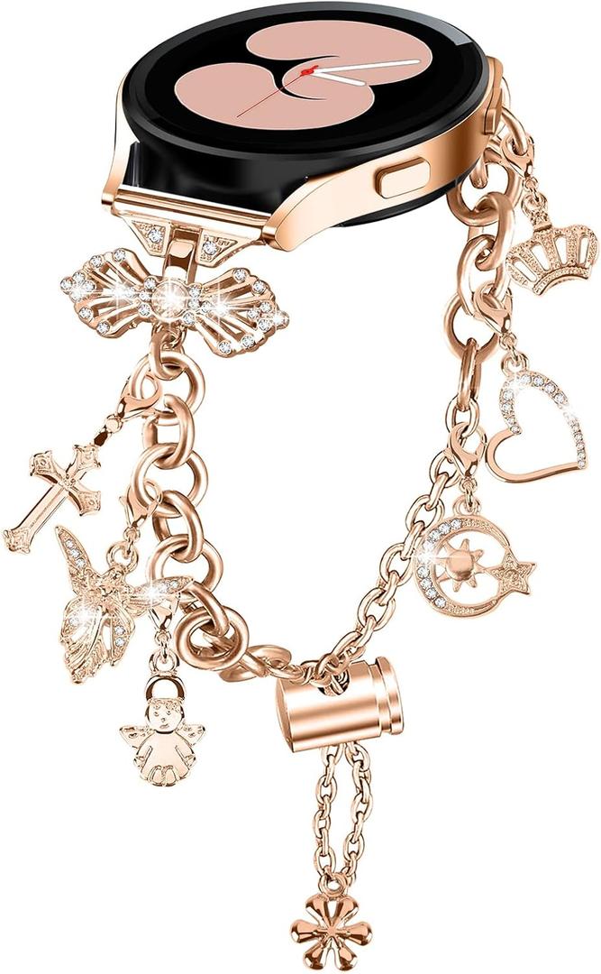 Bling Bands Compatible for Samsung Galaxy Watch 7/FE/6/5/4 40mm 44mm, 5 Pro, Watch 6/4 Classic 43mm 47mm 42mm 46mm, 20mm Metal Diamond Jewelry Strap, Charms Adjustable Bracelet for Women (Rose Gold)