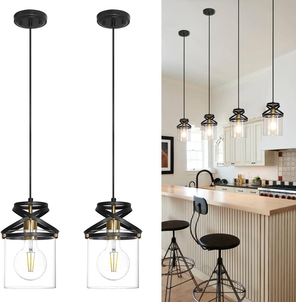 Black Kitchen Pendant Lighting over Island, Modern Glass Pendant Lighting, Hanging Lights for Living Room Set of 2, Pendant Lights Kitchen Island 2 Pack, Pendant Lamp for Dining Room, Hallway, Sink (6.7in-Hardwired Cord)