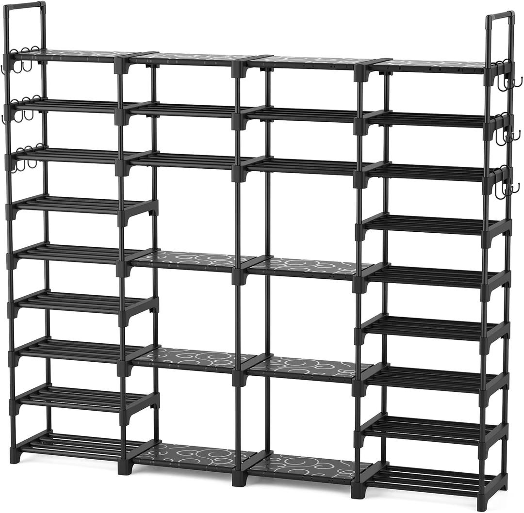 ROJASOP Large Shoe Rack Organizer for Entryway Closet 64-68 Pairs 9-Tier Heavy Duty Tall Garage Shoe Rack Shoe Shelf Shoes Storage with 18 Pcs Removable Side Hooks for Bedroom and Garage, Black