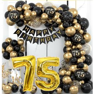 75th Birthday Balloon Decorations, 75th Birthday Decorations Black and Gold Balloons Garland 75th Birthday Balloons Banner for 75th Birthday Party Decorations