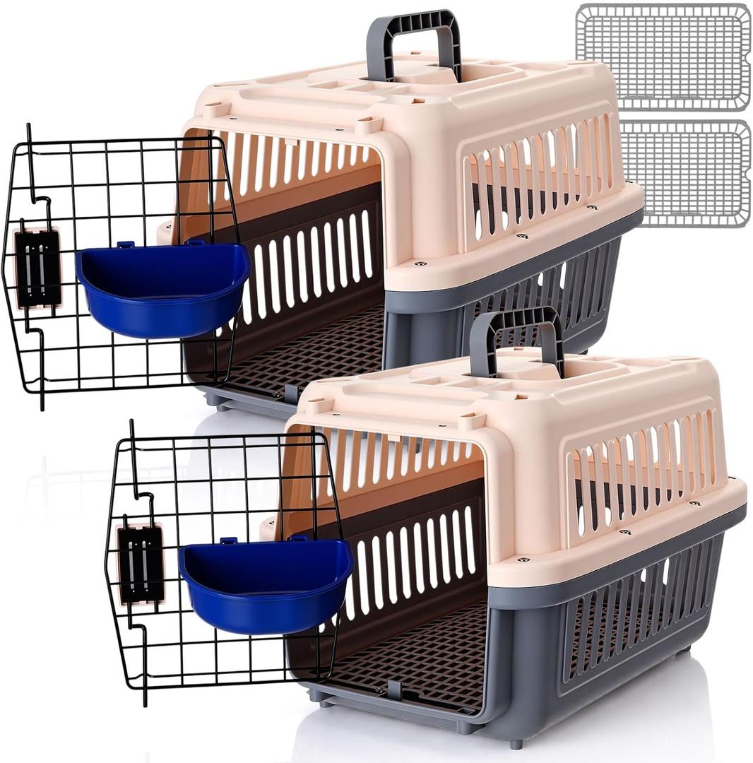 2 Set 19" up to 16.5lbs Travel Pet Carrier for Small Cat Dog Plastic Hard Shell Carrier with Bowl Wire Door Grille Mat Portable Breathable Security Lock Kennel for Travel Airline(Pink)
