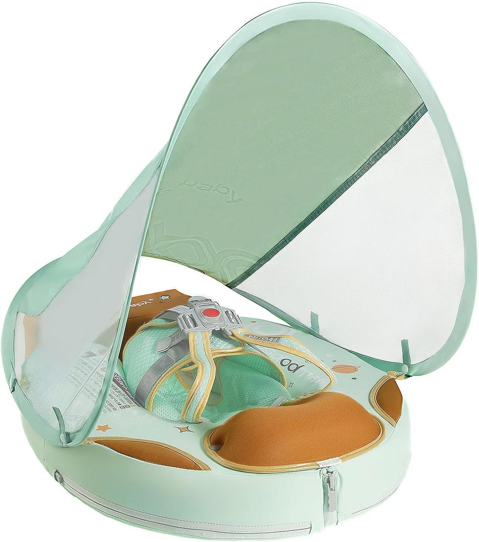 Mambobaby Non-Inflatable Baby Pool Float with Tail and Canopy UPF 50+ Sun Protection No Flip Over Infant Swim Float Skin-Friendly Mambo Float Swim Trainer Solid Baby Swimming Ring Foldable Style