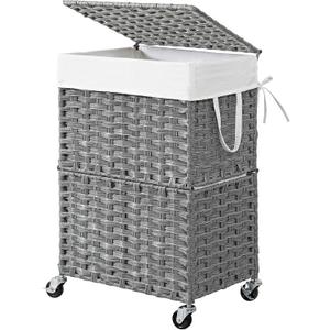 Chrislley 90L Slim Laundry Hamper with Wheels, Rolling Laundry Basket with Lid and Renovable Liner Bag, Handwoven Rattan Organizer for bedroom, bathroom, laundry room (Grey)