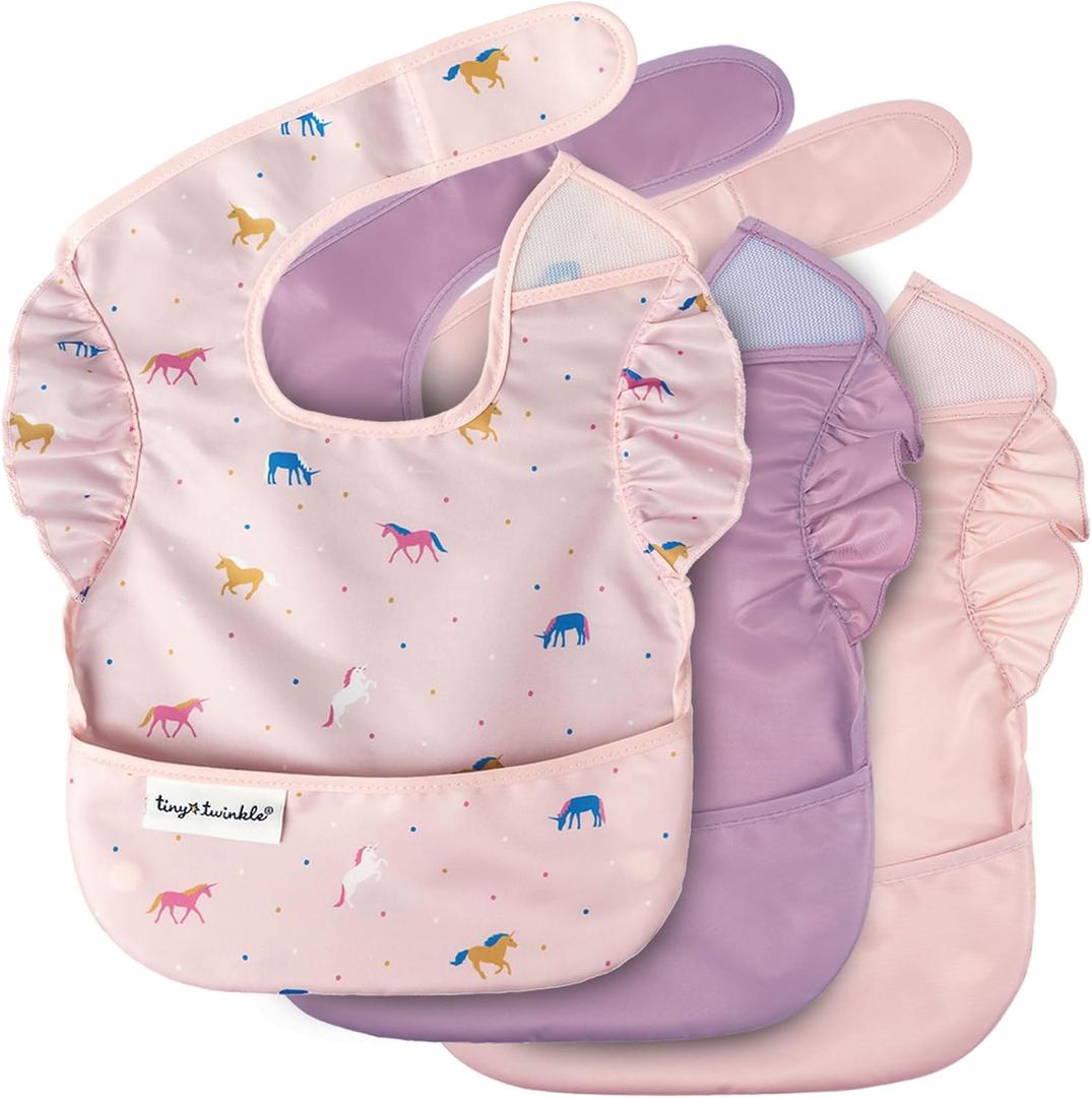 Tiny Twinkle Mess-Proof Baby Bib - Waterproof Bib for Baby Boy or Girl - PFAS, PVC, BPA, Phthalate Free - Baby Food Bibs (3 Pack, 3-pack Unicorn Set)