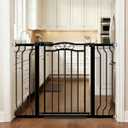 Fairy Baby 29.5"-43.7" Extra Wide Baby Gate for Stairs, Pressure Mounted Dog Gate for Doorways, Auto Close Metal Pet Gate with Arch Design for Puppy, No Drill Child Gate with Walk Thru Door, Black