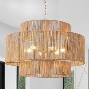 30.7in Large Rattan Chandeliers, 3-Tier Woven Boho Pendant Lights, Hemp Rope Hanging Ceiling Light, Wicker Lighting Fixture for Living Room, Dining Room, Bedroom, Kitchen Island (Brown)