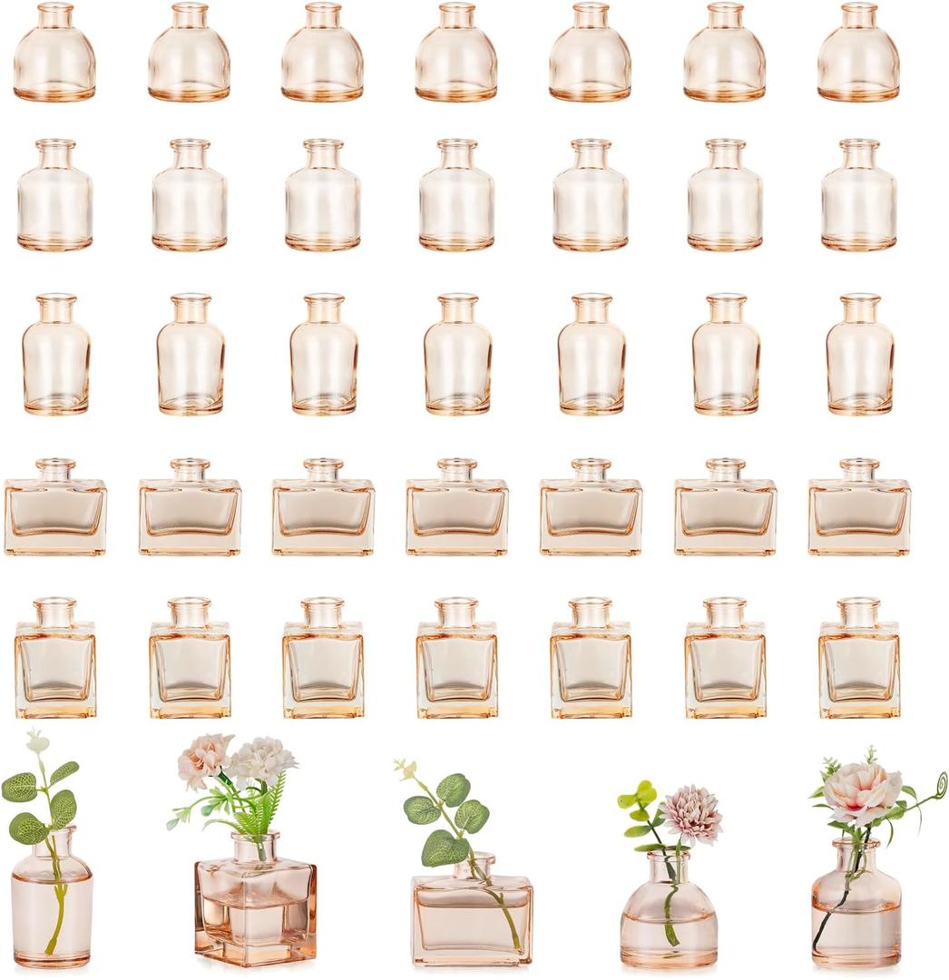 Hewory Small Glass Bud Vases for Centerpieces 40pcs Amber Sturdy Cute Flower Vases Bulk, Mini Bottle Vase for Wedding Home Decor Birthday Party Events Mother's Day Bridal Shower Gifts Table Decor