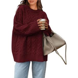Okiwam Women's Oversized Sweaters Crewneck Cable Knit Pullover Casual Loose Fall Outfits Fashion Clothes 2025 - Large