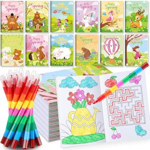 BenLouis 12 Spring Mini Coloring Books Kids with 12 Stacking Crayons Easter Party Favors Small Activity Books Bulk for Kids Spring Butterfly Flower Bee Theme Party Gift Goodie Bag Stuffers
