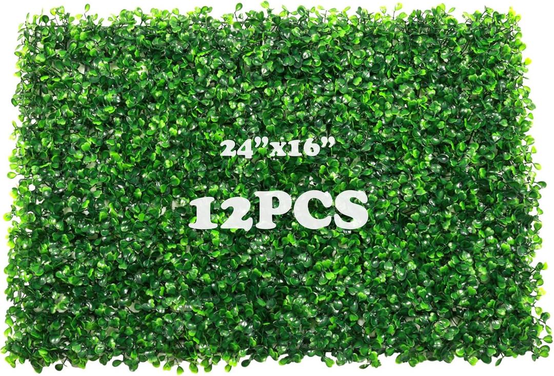 12 Pieces 24"x 16" Grass Wall Panels, Boxwood Hedge Wall Panels, Artificial Grass Backdrop Wall, Privacy Hedge Screen UV Protected for Outdoor, Indoor, Garden, Fence, Backyard and Decor (12pcs) (24*16inch)