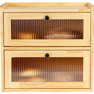 Sunhoo Bread Box for Kitchen Countertop Wooden Bread Storage Container Bin 2 Layer Breadbox Holder Large Capacity Keeper Vintage Farmhouse Food Organizer Pantry Shelf Acrylic WindowWood color (Yellow)