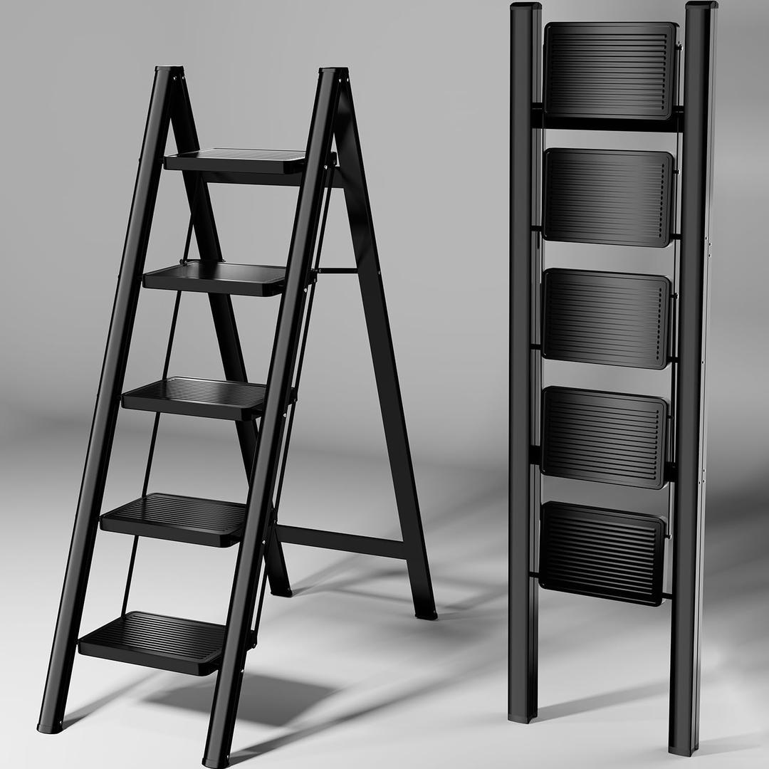 Step Ladder 5 Step Folding, Sturdy 330 Lbs Small Step Stool for Adults, Closet Step Stool Ladder with Anti-Slip Wide Pedals, Portable Folding Ladder for Home Kitchen Office (Black)