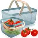 Cheardia 2 Pack Picnic Baskets, Metal Mesh Harvest Basket with Foldable Wooden Handle, Rectangle Garden Storage Basket Bin for Vegetable Fruit Garden Kitchen Cabinet Picking Gathering, Blue