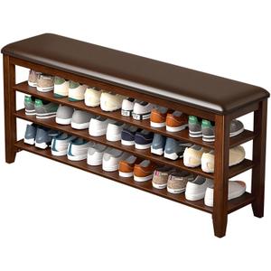 Shoe Bench Storage Rubberwood with Leather Cushion for Entryway Bench Ideal for Hallways Shoe Rack Front Doors Entrances Mudrooms Featuring 3 Height-Adjustable and Removable Shelves (47.2")
