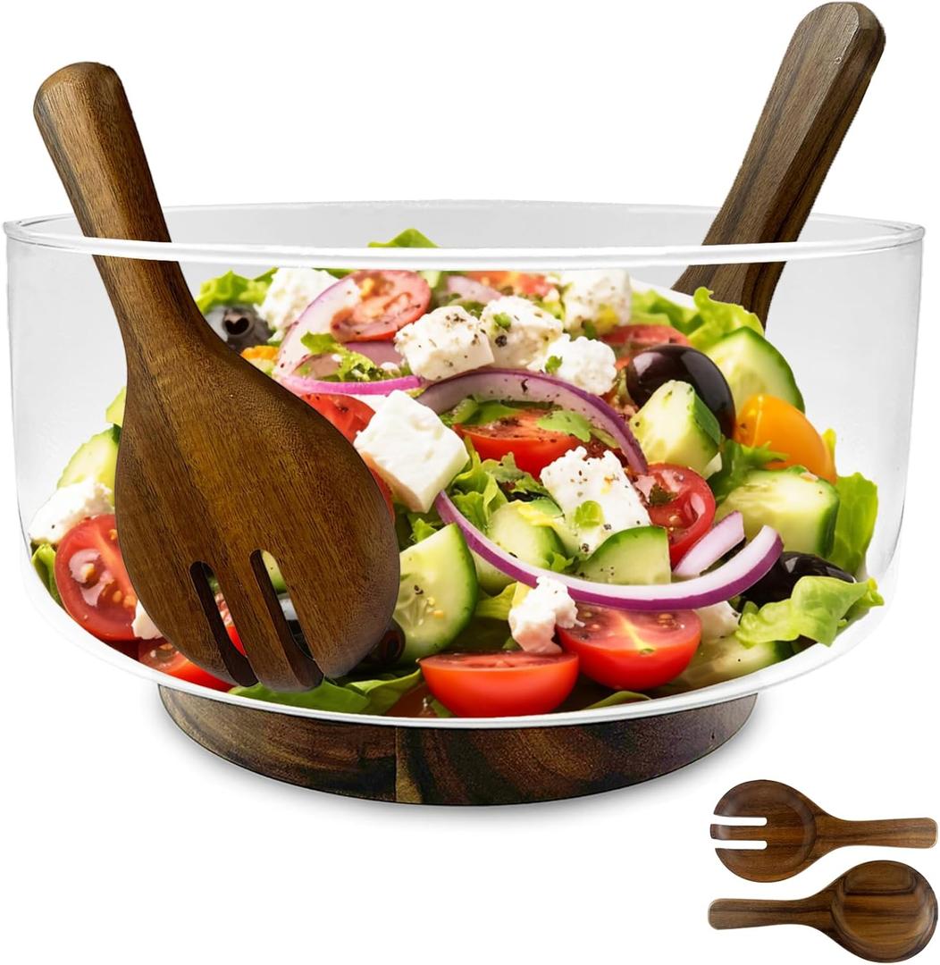 Premium Large Glass Salad Bowl Set with Acacia Wood Base and Serving Utensils - Ideal for Hosting Parties, Host Family Gatherings, and Everyday Use - Elegant, Durable, and Practical Kitchen Essential