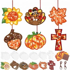 Feifeiya 24 Sets Thanksgiving Crafts Kit DIY Fall Paper Crafts with Colored Tissue Paper Sticker Tool Turkey Pumpkin Leaf Acorn Suncatcher Hanging Ornaments for Classroom Activity Harvest Party Window