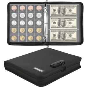 Coin Collection Book Supplies with Lock, Fireproof Money Collecting Album for Collector, 520 Coin Sleeve & 36 Currency Sleeve, Coin Holder for Collector, Collecting Supplies for Bill, Pennies,Quarters