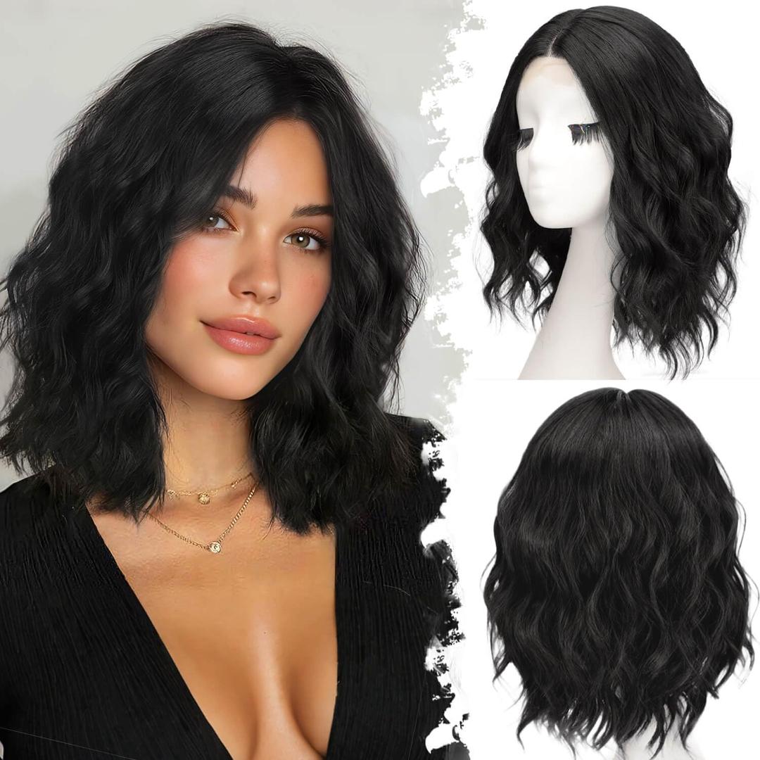 Black Short Wavy Wig for Women Lace Hairline Bob Style Synthetic Heat Resistant - Natural Appearance for Everyday Hairstyle 14 Inch
