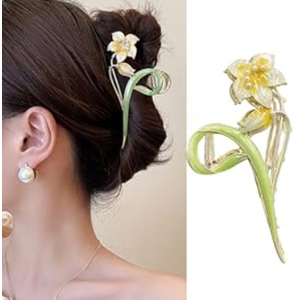 HIFANMM Flower Hair Clips Metal Alloy Hair Accessories for Women Girls, Yellow Lily Hair Claw Clips Pearls Cute Fashion Spring Summer Hairpins Shark Strong Hold Non Slip Large Jaw Clip 1 Pcs