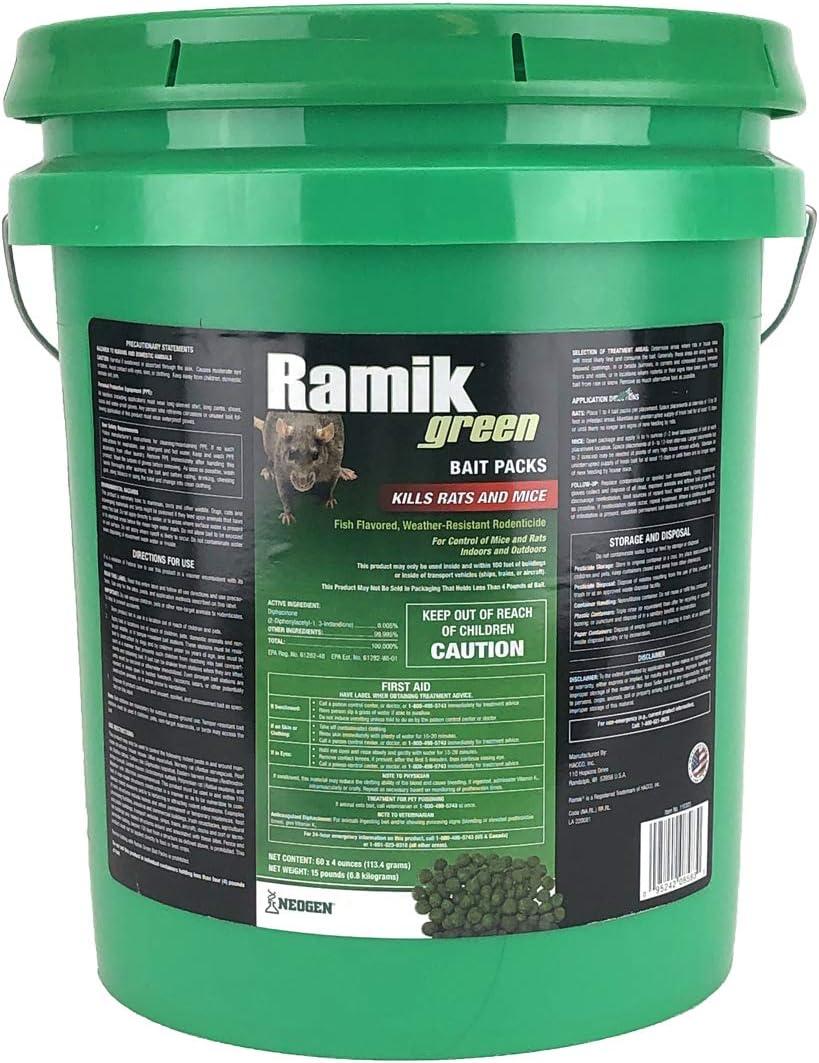 Neogen Rodenticide Ramik Green Rat and Mouse Bait 60 Pack Pail, 15 lb (15-pound bucket)