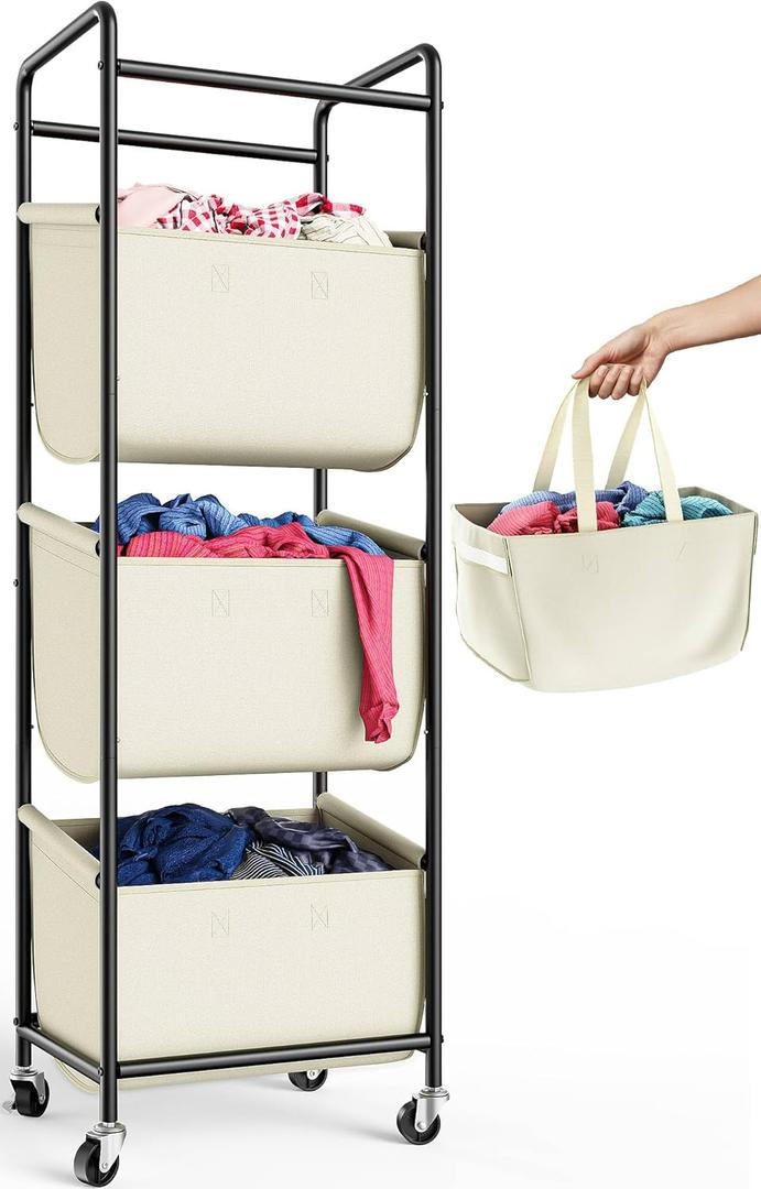 3 Section Laundry Sorter with Removable Bags, 120L Rolling Vertical Laundry Hamper, Stackable Laundry Baskets organizer for Bathroom, Apartment, Dorm (Beige, With Wheel)