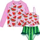 Funnycokid Girls Swimsuit Kids Bathing Suit Rashguard Swimwear Long Sleeve 3 Piece Toddler 3-7 Years