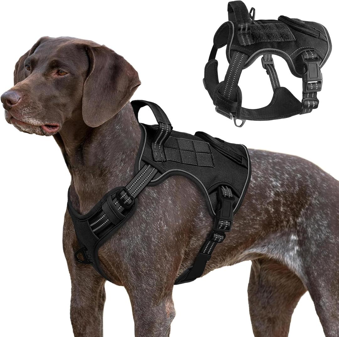 Tactical Dog Harness for Large Dogs, Heavy Duty No Pull Military Service Vest with Control Handle & 4 Patches, Adjustable Reflective Soft Padded Pet Harness for Training Walking Hiking (Black, L)