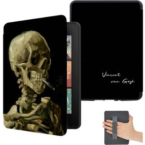 Cover for All New 7 Inch Kindle Paperwhite 12th Gen 2024/ Colorsoft Signature Edition(NOT for 6.8 Inch 2022) - Case with Hand Strap - Leather with Cool Stylish Halloween - Van Gogh Head of a Skull