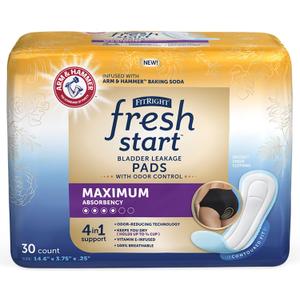 FitRight Fresh Start Postpartum and Incontinence Pads for Women, Maximum Absorbency (30 Count) Bladder Leakage Pads with The Odor-Control Power of ARM & Hammer (30 Count, Pack of 1) FitRight Fresh Start Postpartum and Incontinence Pads for Women, Maximum Absorbency (30 Count) Bladder Leakage Pads with The Odor-Control Power of ARM & Hammer (30 Count, Pack of 1)