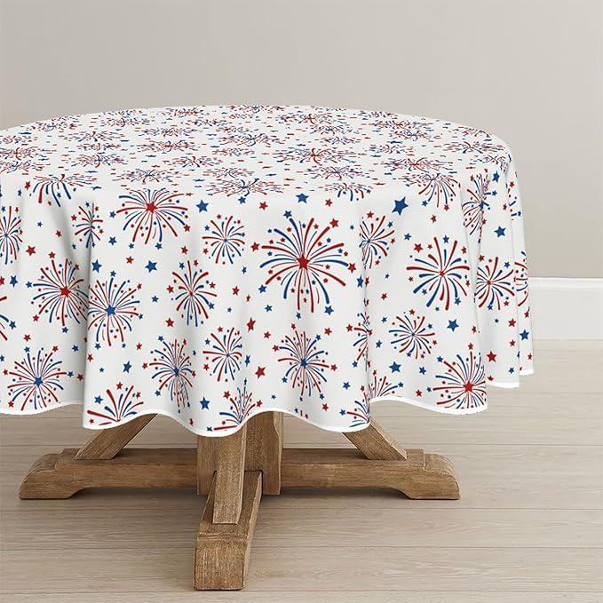 Horaldaily 4th of July Tablecloth 70×70 Inch Round, Firework Patriotic Stars Memorial Day Independence Day Washable Seasonal Table Cover for Party Picnic Dinner Decor