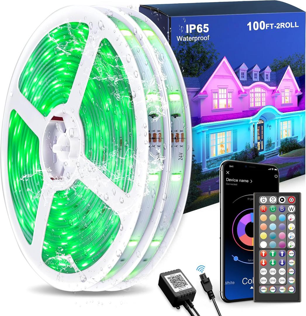 MuliVid 100FT Outdoor LED Strip Lights Waterproof (2 Rolls of 50ft) IP65 Led Strip Lights with Remote, RGB Color Changing Christmas Rope Lights for Outside
